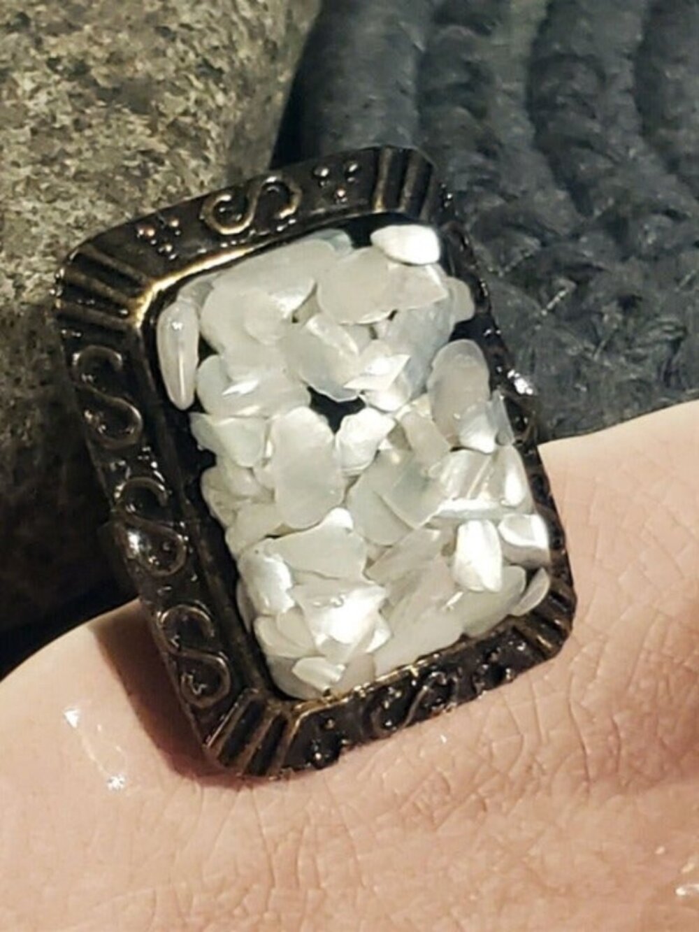 Antique Brass Mother of Pearl Black Resin Domed Cocktail Statement Ring